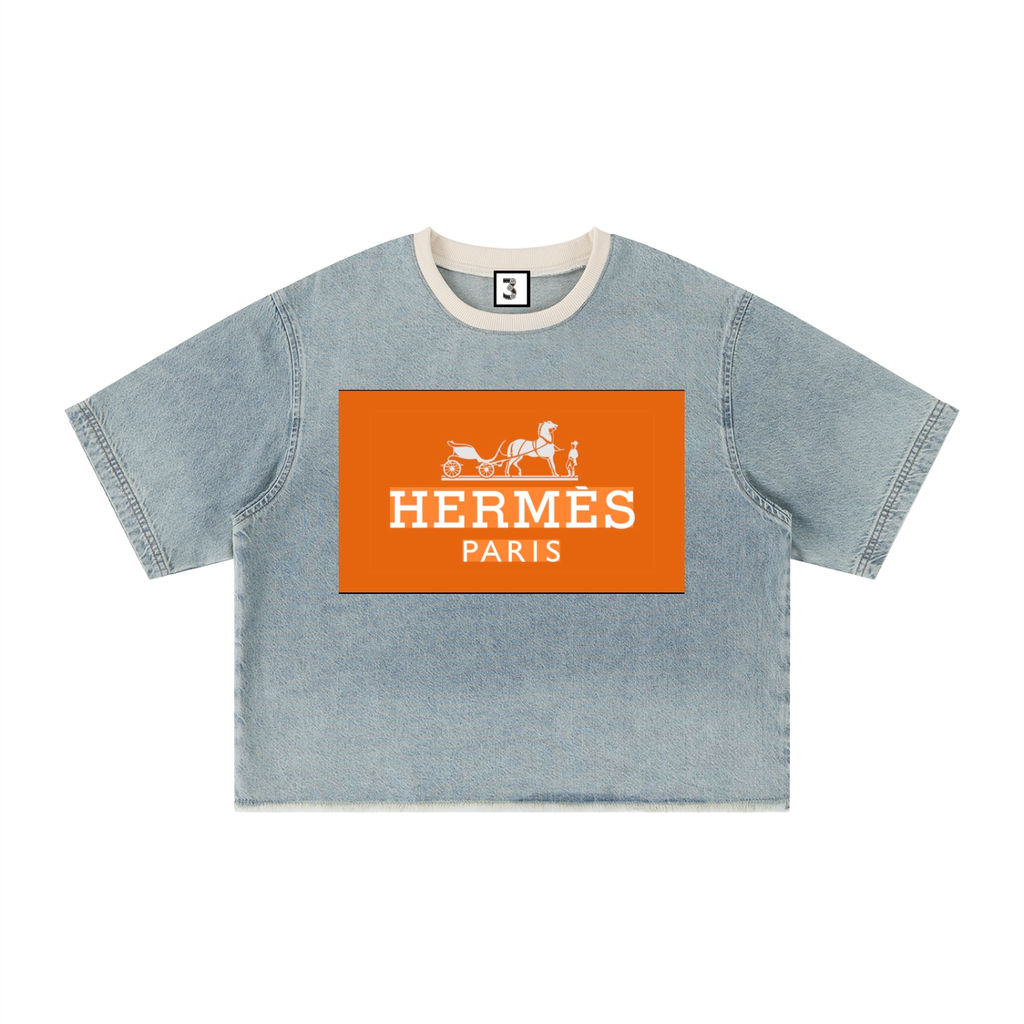 Unisex Vintage Wash Boxy Raw Hem Denim T-Shirt